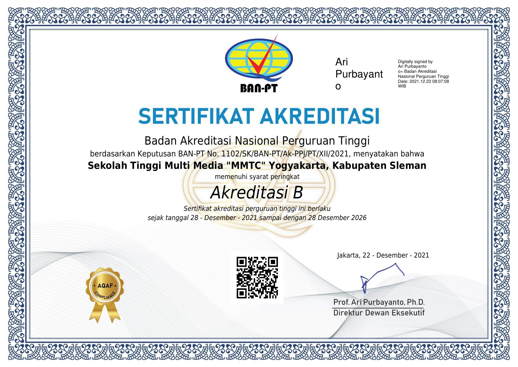 Sertifikat Akreditasi Institusi 2021 (Certificate of Institutional Accreditation 2021)